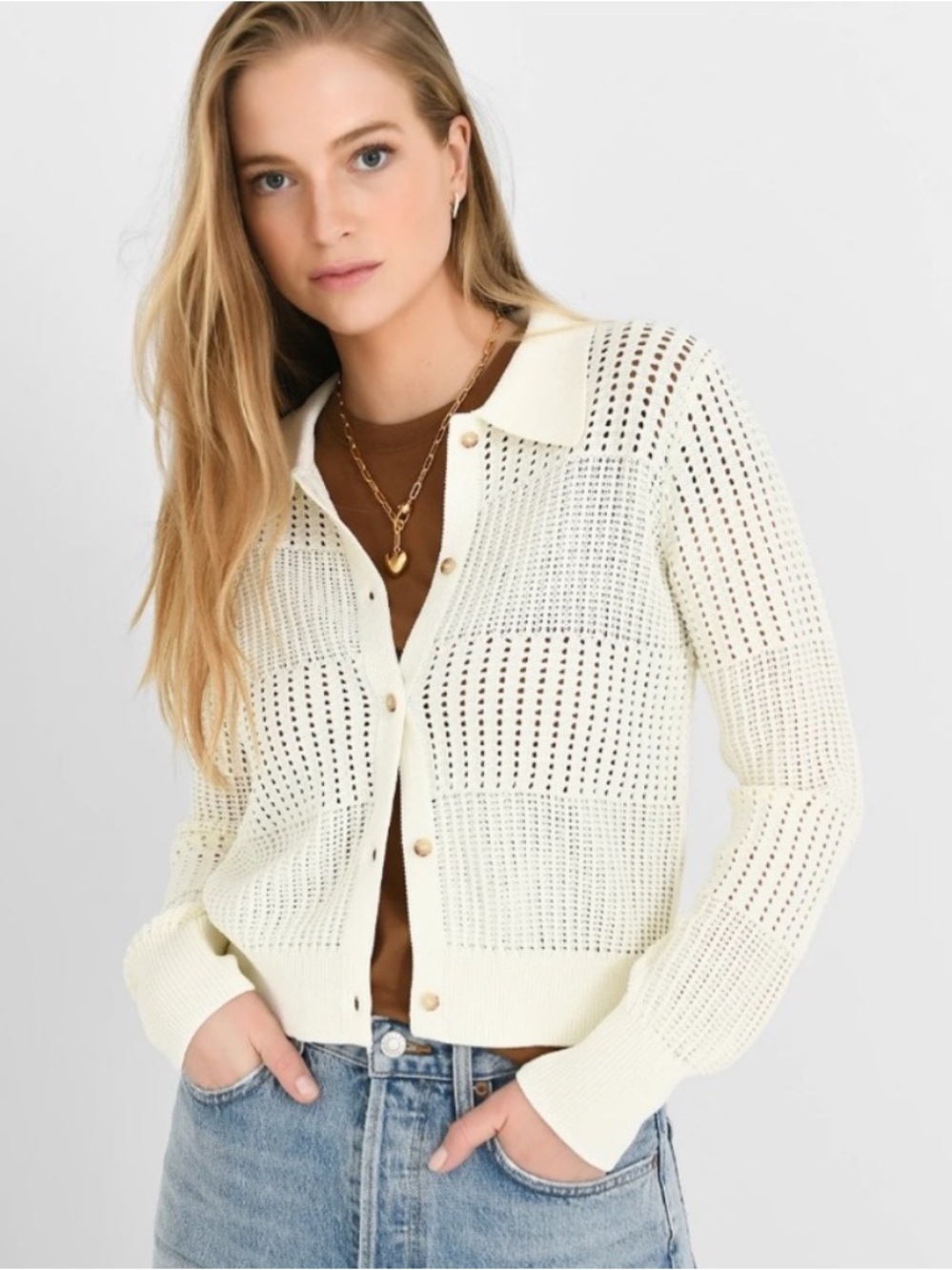 FRAME Shrunken Crochet Cardigan Sweater Size S Off White